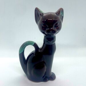 Vtg MCM Ceramic Cat Statue Mid Century Modern Brown Green Cat Figurine 6.2”